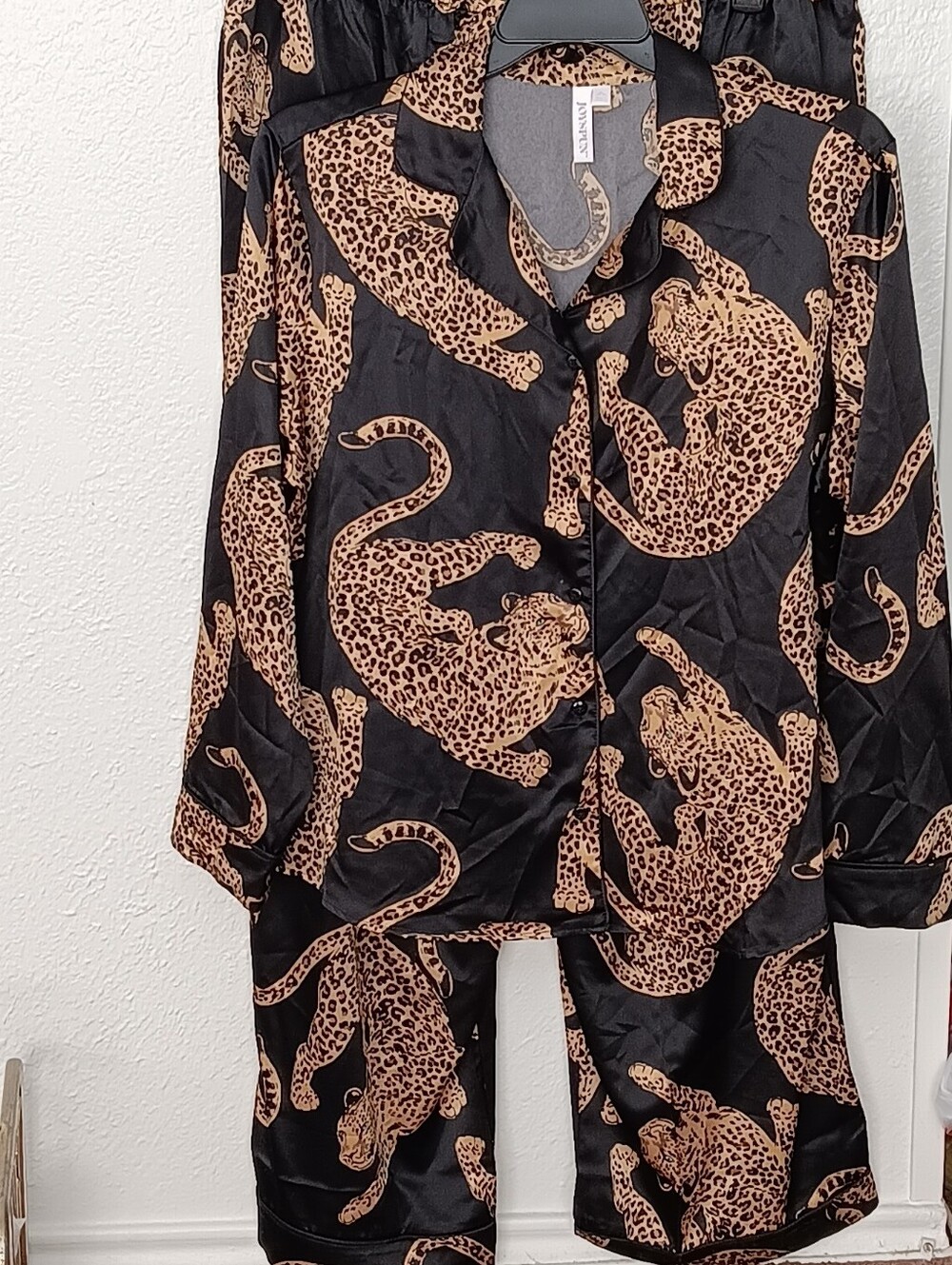 Leopard Print Satin Pajama Set in Black and Tan - Picture 7 of 7